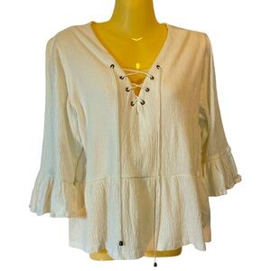 Moon River Peasant Lace-Up Neck Gauze Blouse Bohemian Festival Ivory Cream Sm